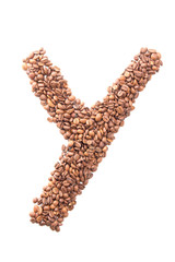 Letter Y, alphabet from coffee beans on white background