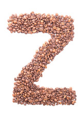 Letter Z, alphabet from coffee beans on white background