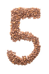 number 5 from coffee beans isolated on white