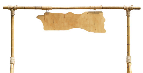 Blank wooden board hanging from bamboo frame with ropes isolated