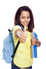 Happy smiling female student thumbs up, isolated on white backgr