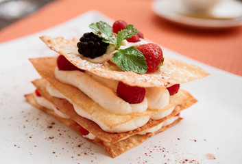 Mille-feuille cake with raspberries