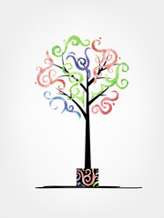 Art tree design with watercolor waves