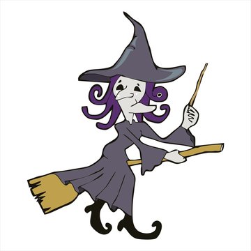 witch riding with broom cartoon vectoor