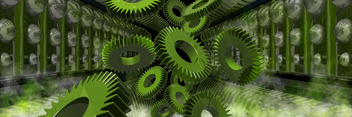Green gears panorama - obrazy, fototapety, plakaty