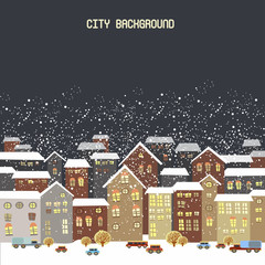 Vector illustration with winter city, falling snowflakes