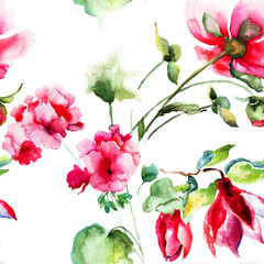 Fototapety  Bezszwowa tapeta z kwiatami geranium i piwonii