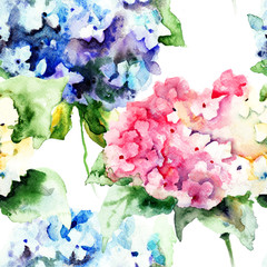 Bezszwowy wzór z Pięknymi hortensi błękitnymi kwiatami - 55717730