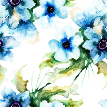 Fototapeta Bezszwowa tapeta z letnimi niebieskimi kwiatami
