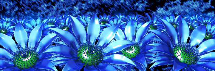 3d blue flowers panorama - obrazy, fototapety, plakaty