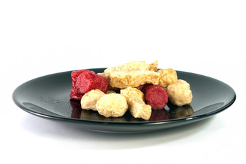 fried sausages and fried meatballs with white background,