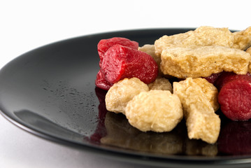 fried sausages and fried meatballs with white background