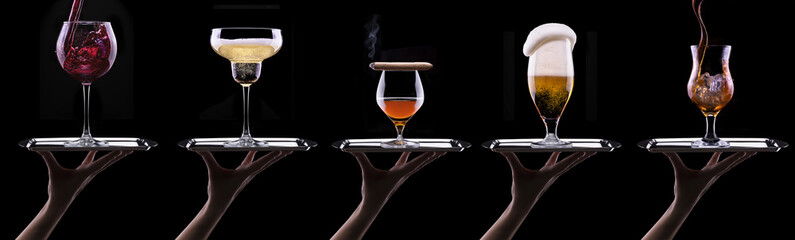 alcohol drinks set isolated on a black