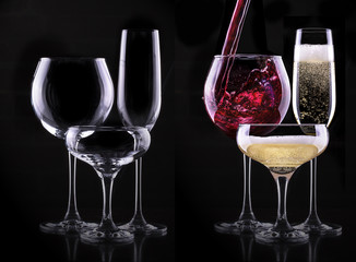 set with different full and empty glasses