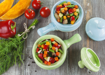 Vegetables in pots portioned