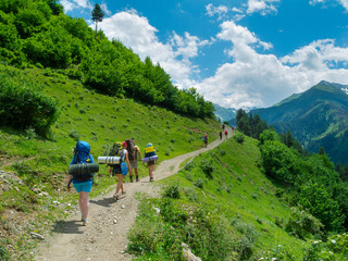 Young women trekking in Svaneti,