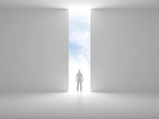 Fototapeta premium Abstract empty interior with opening and a man