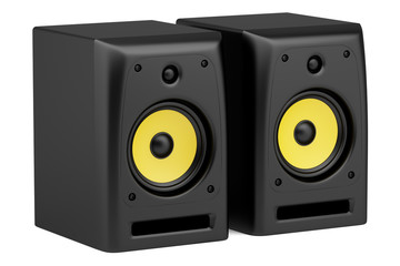 two black audio speakers isolated on white background