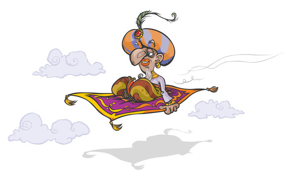 Cartoon Arabian magician on flying carpet.