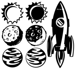 black and white rocket and planets