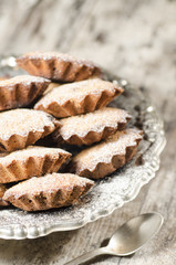 Pumpkin muffins on metal plate, blurred background