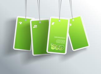 Four hanging green eco cards. You can place your own text on eac