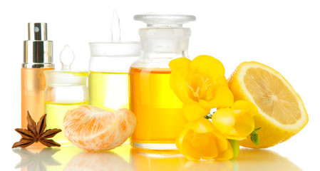 Bottles with ingredients for the perfume, isolated on white