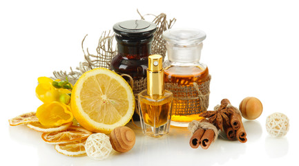 Bottles with ingredients for the perfume, isolated on white
