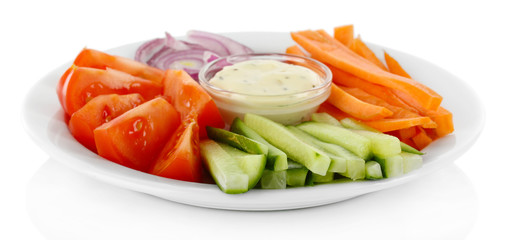 Assorted raw vegetables sticks in plate isolated on white