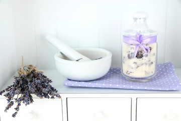 Still life with jar of lavender sugar, mortar and fresh