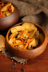 Homemade beef stir fry with vegetables in pots