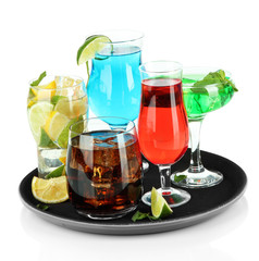 Fototapeta na wymiar Many glasses of cocktails on tray, isolated on white