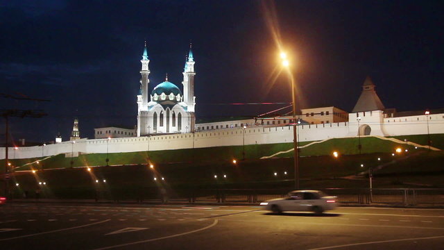 kazan kremlin and kul sharif mosque in russia at night