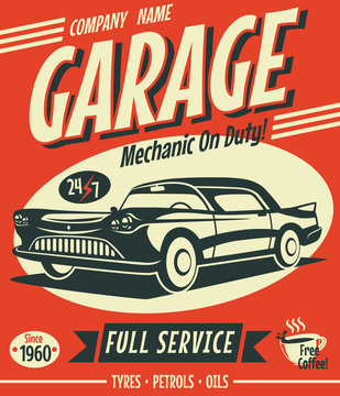 Retro car service sign. Vector illustration.