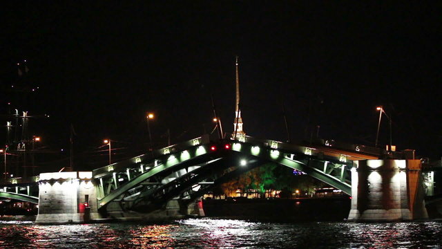 opening drawbridge at night in St. Petersburg Russia