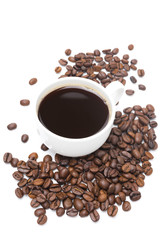 cup of black coffee and coffee beans isolated