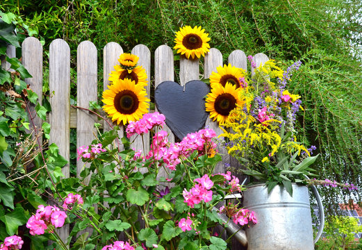 Schild am Gartenzaun mit Blumen und Gie&szlig;kanne