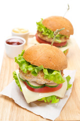 homemade chicken burger with vegetables, cheese