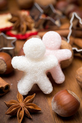 ingredients for Christmas baking and sugar little men, close-up