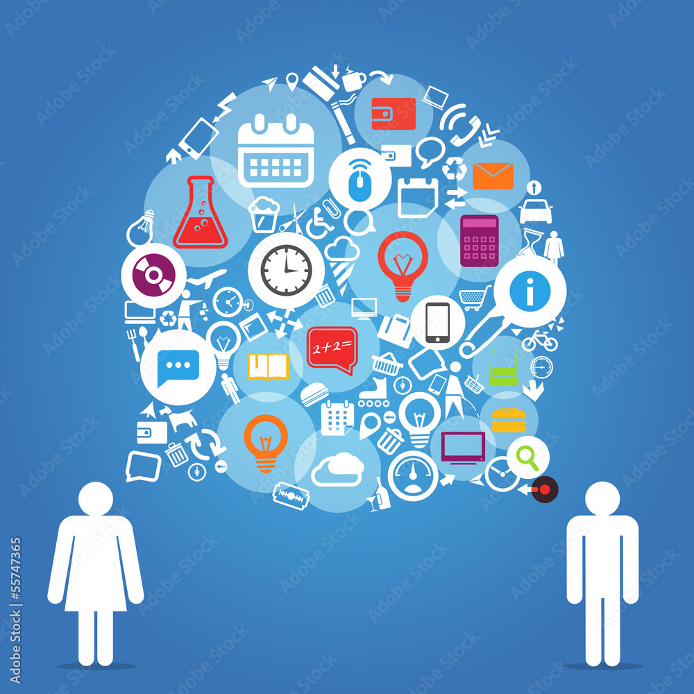Aufkleber Two talking people with abstract speech cloud of different icons