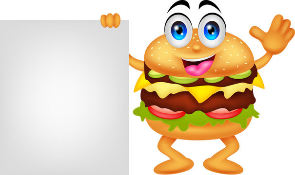 burger cartoon characters with blank sign