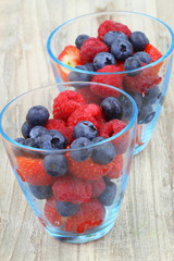 Strawberries and blueberries in glass, close up