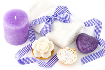 Spa and bath accessories with soap, towel and sea salt