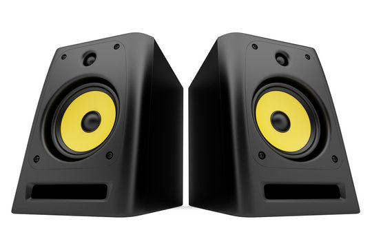 two black audio speakers isolated on white background