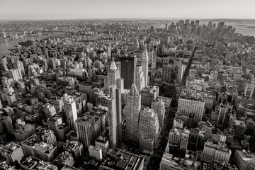Black and white aerial view of New York cityscape
