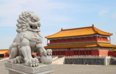 Chinese Imperial Lion Statue with Palace Forbidden city  (Beijin