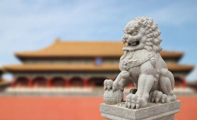 Chinese Imperial Lion Statue with Palace Forbidden city  (Beijin