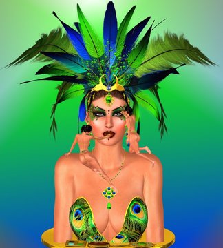 Peacock Queen, her face, feathers and makeup.
