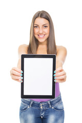 Cute teenage girl in purple showing blank tablet computer screen