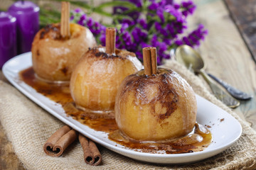 Caramel apples on white plate